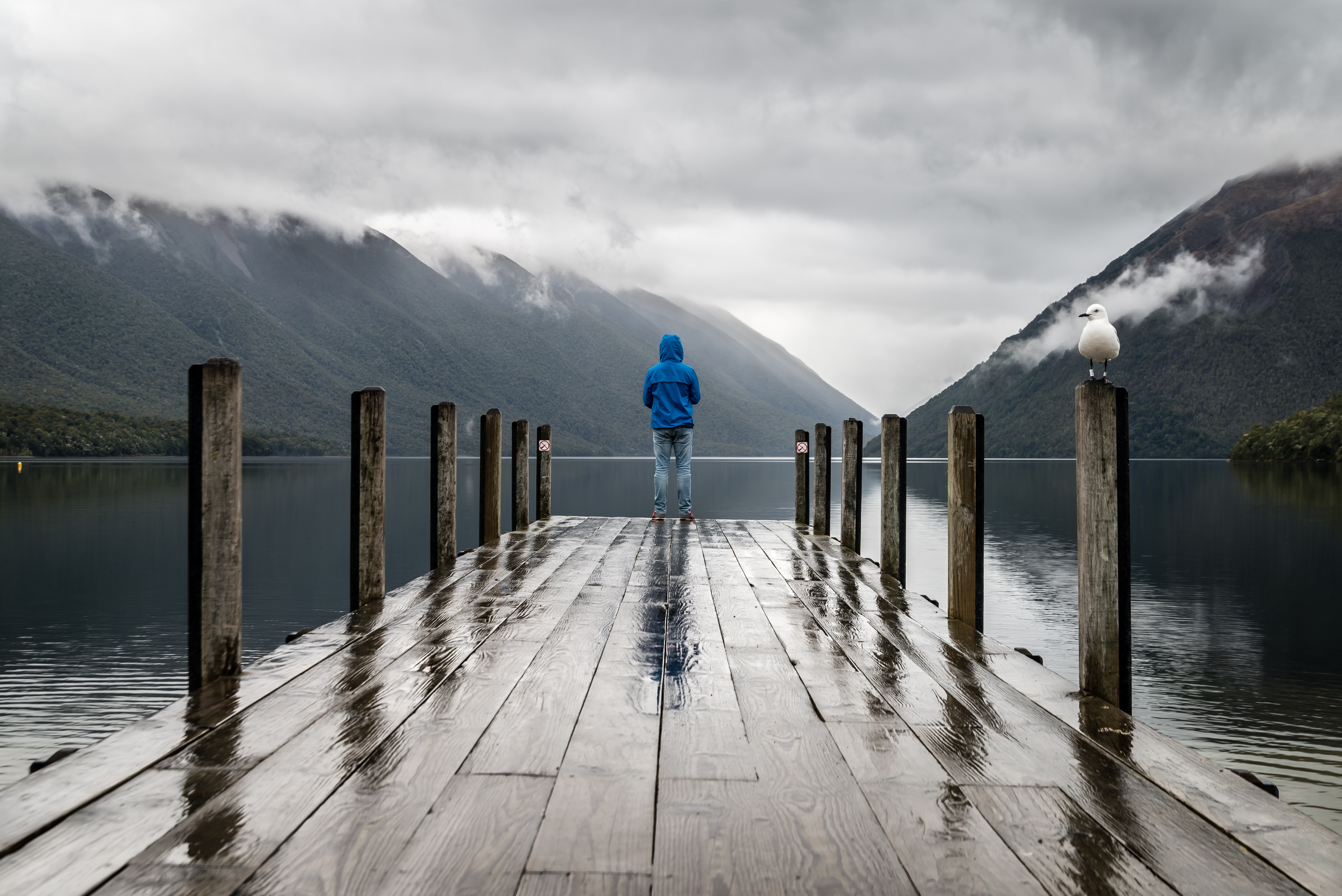 Photo of person standing end of pier in the rain
